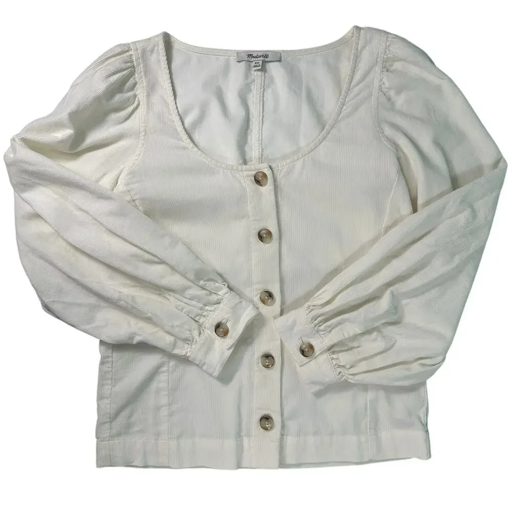 Madewell Corduroy Shirred-Sleeve Button-Front Shirt Ivory Blouse Top Size XS‎